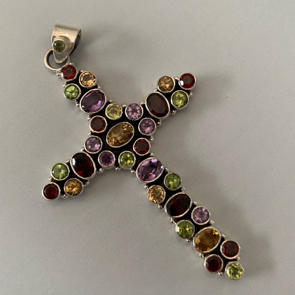 Multi Gemstones Sterling Silver Cross